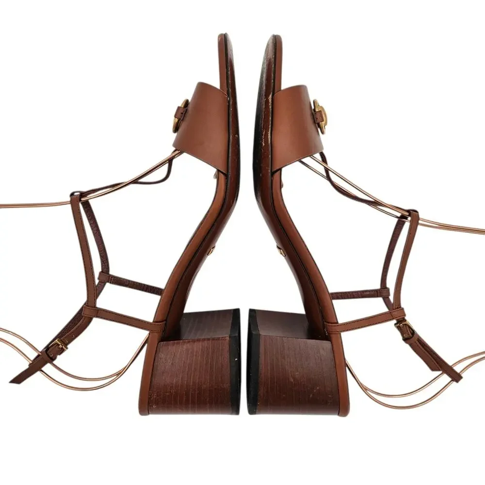 Gucci GG Brown Leather Horsebit T Strap Block Heel Sandal Gold Size 40 US 10
